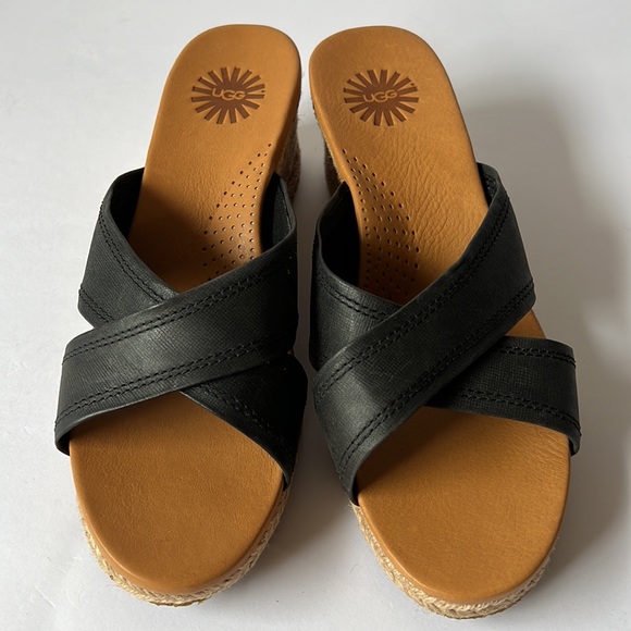 Ugg Sandal Black Leather Wedge New 6 - Picture 5 of 12